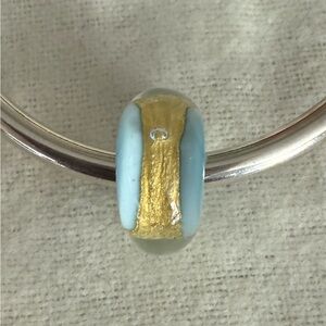 Authentic Trollbeads Gold and Light Blue Murano Glass Bead Charm